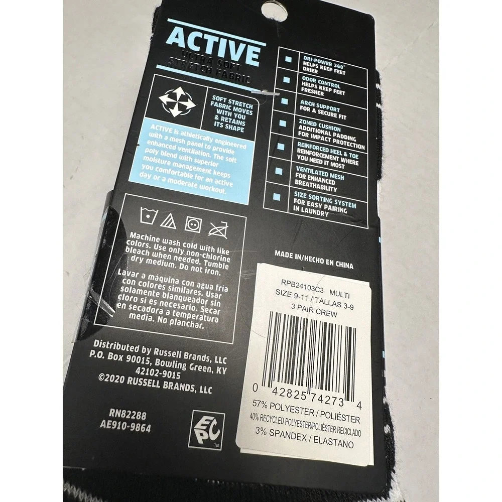 russell‎ boys performance active crew socks 3 pairs size 9-11
